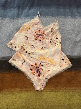 Victoria's Secret Pink Floral Lace Trim Satin Cami and Short Set